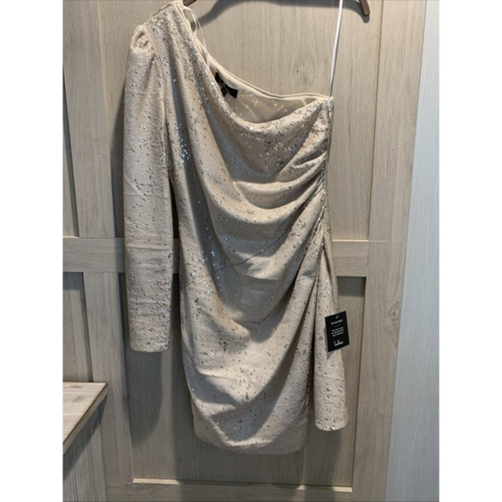 Lulus Shimmer Beauty Light Nude Sequin One-shoulder Bodycon Mini Dress Size M - Picture 7 of 7